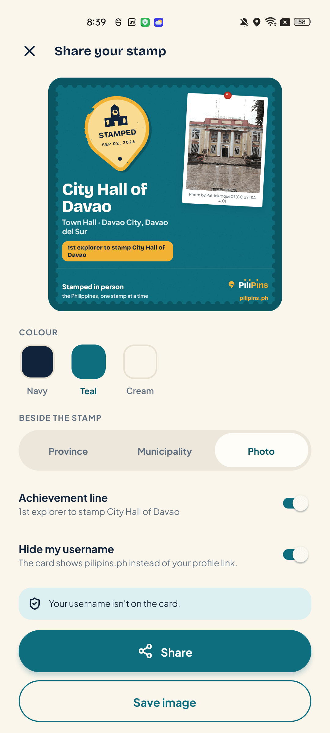 A share card for City Hall of Davao, stamped in person